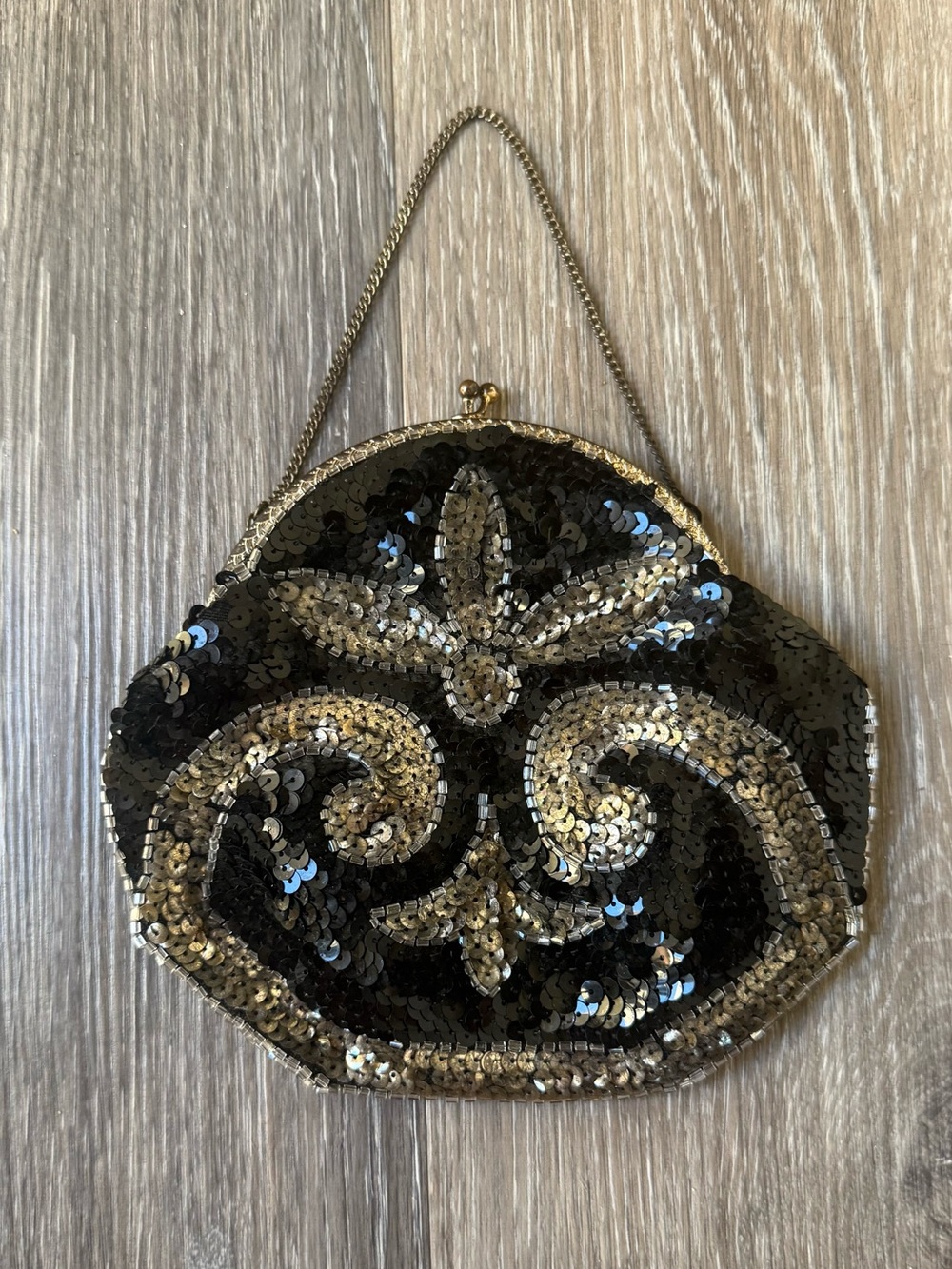 Antique 30s(ish) Small Black and Gold Sequin Evening Clutch Made in France